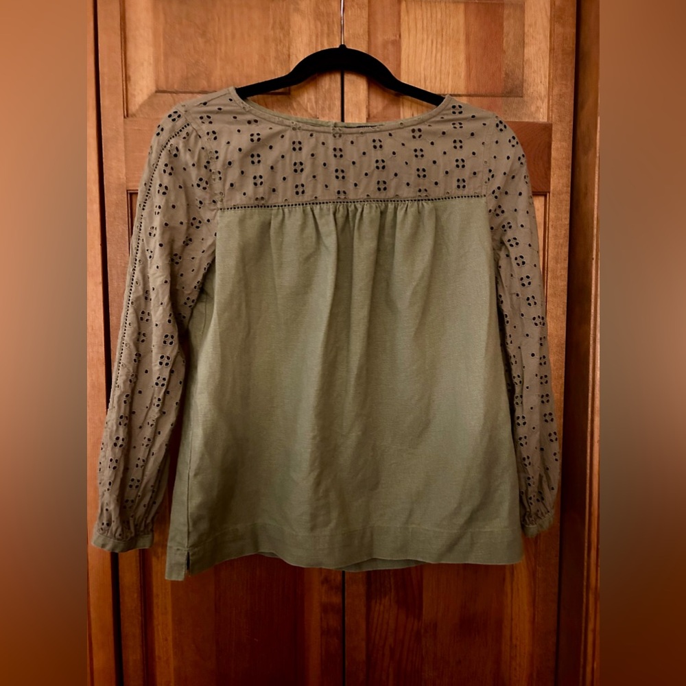 J. Crew Mercantile Boho Cottagecore XS Green Eyelet Linen Cotton Top/Blouse